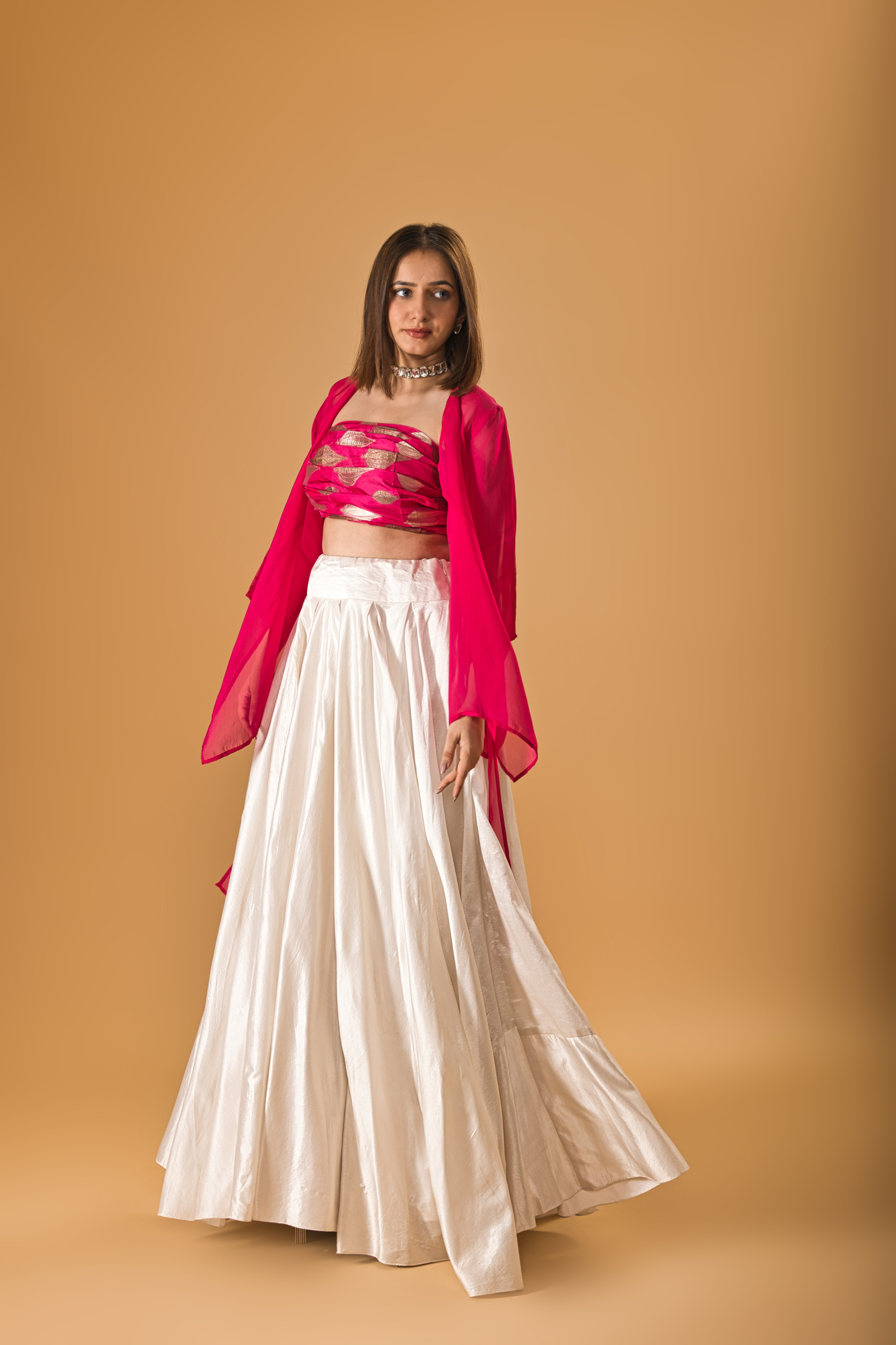 Buy Indowestern White Silk Skirt And Fuscia Organza Overlay Set