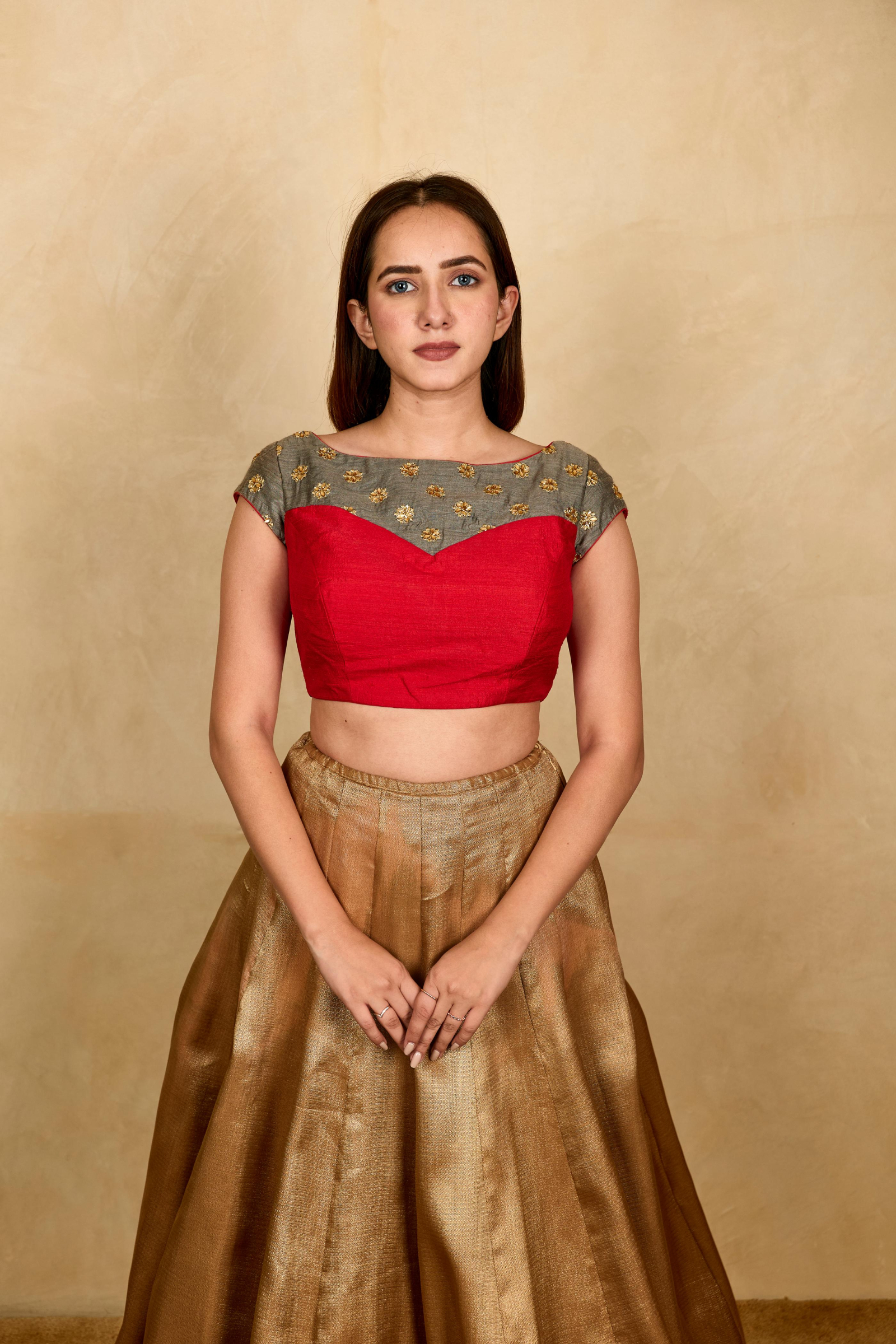 Red and grey boat neck silk blouse